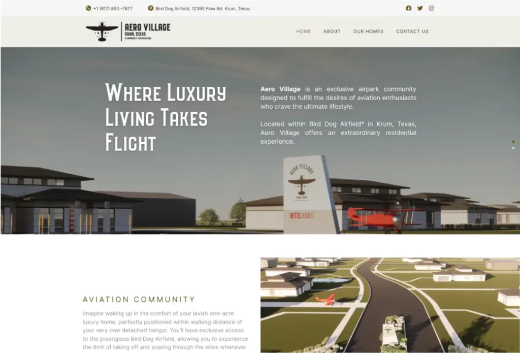 aero village website first fold